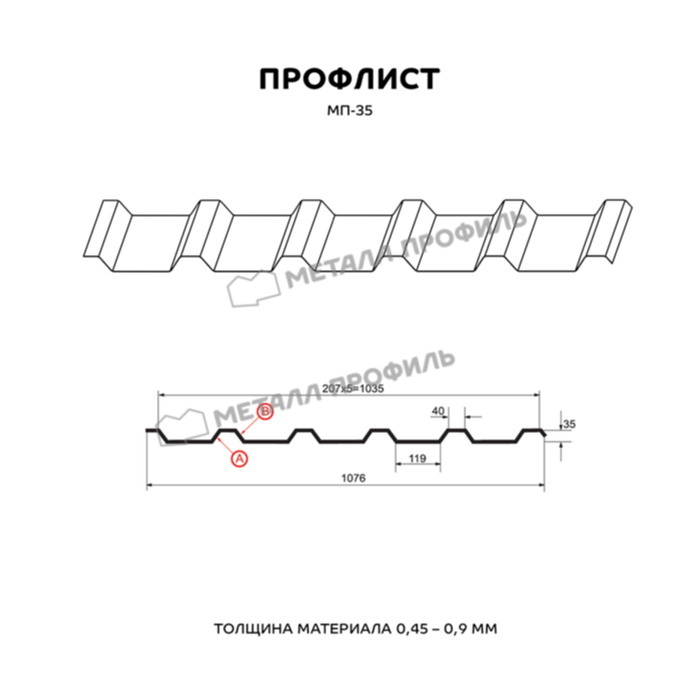 Купить профлист металлпрофиль мп-35 a, в ecosteel матовый двухсторонний 0,5 мм 